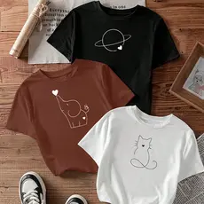 Camiseta feminina de algodão kit com 3 camisetas femininas estampadas Saturno Elefantinho Gatinho