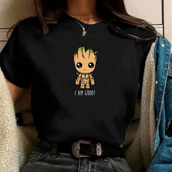 camiseta feminina baby groot aim groot preta de algodão premium