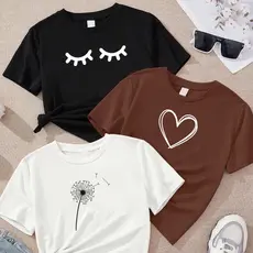 Camiseta feminina blusa de algodão kit com 3 unidades olhos flores coração marrom off
