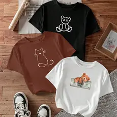 Camiseta feminina de algodão kit com 3 camisetas femininas estampadas Ursinho Gatinho Money