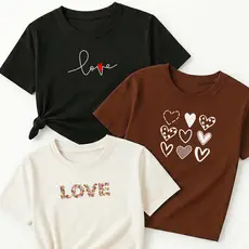Camiseta Feminina Kit 3 Love Cursivo Preto Nove Corações Marrom Love Floral Off White