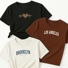 Camiseta Feminina Kit 3 Batimento Coração Onça Preto Los Angeles Arch Marrom Brooklyn New York Azul Off White