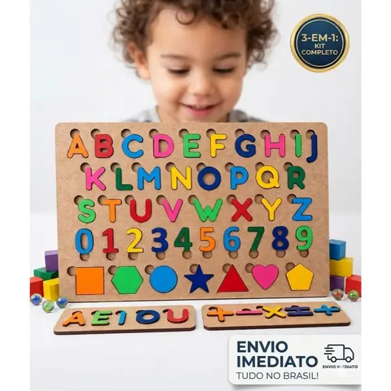 Jogo Pedagogico Infantil MDF Letra Numero Montessori Tabuleiro Alfabetização Vogal Sinais Matematico