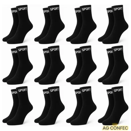 kit com 24 pares meia SPORT PRETA 100% algodão grossa alta qualidade cano alto
