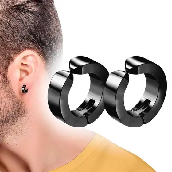 Brinco de Pressão Masculino Argola Preto Prata em Aço Inoxidável Não Enferruja Durável