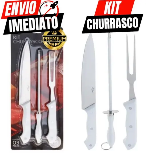 Kit Churrasco 3 Peças Inox Cabo Branco Design Premium