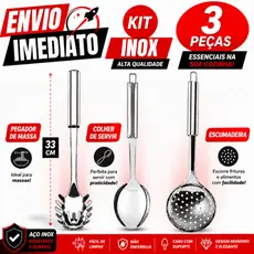 Kit C/ 3 Peças Utensílios De Cozinha Em Aço Inox Escumadeira Colher De Arroz Pegador De Massa