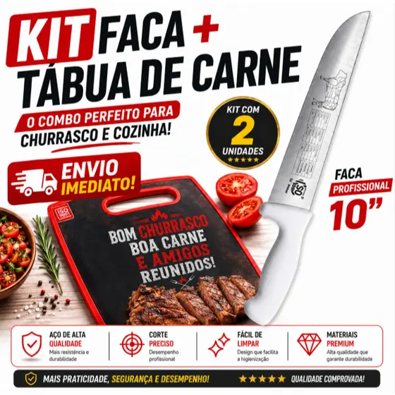 Kit Faca 10” Profissional + Tabua de Carne Ultra Afiado Corte Perfeito Envio Imediato
