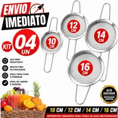 KIT 4 Peneiras Inox Malha Fina 10/12/14/16 CM – Resistente Multiuso para Cozinha e Sucos