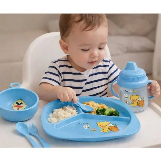 Kit Alimentação Infantil 5 Peças Bebê com Prato Divisória Tigela  Copo com Alça e Talheres Azul Rosa
