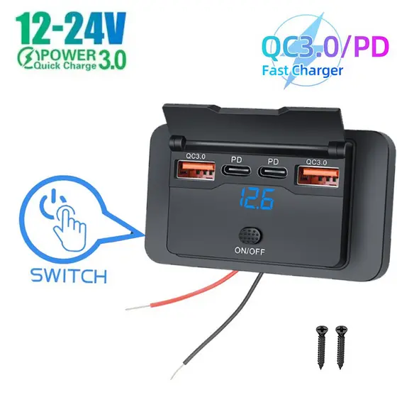 Carga Rápida PD Tipo C Portas USB Duplas Carregador De Ônibus De Carro Adaptador De Tomada 12V/24V Alimentação Com Swith