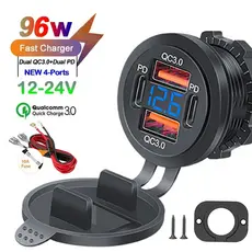 Carregador De Carro Rápido De 4 Portas 96W PD3.0 + QC3.0 Com Display LED-iPhone Samsung Huawei Compatível À Prova D'água