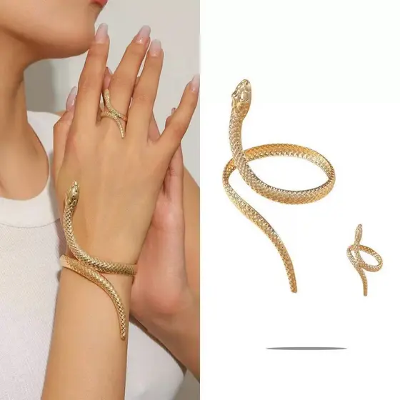 Conjunto de pulseira e anel ajustáveis ​​para mulheres, com design de cobra versátil e exclusivo.