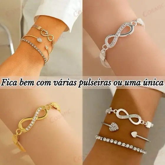 Kit 3 Pulseiras Strass Bracelete de Coração e Pulseira Infinito Feminino Banhada a 18k