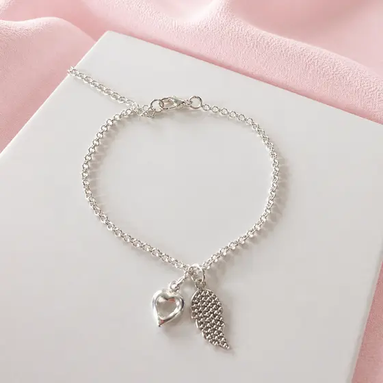 Pulseira Feminina Com Berloque Asa de Anjo e Coração Zircônia Banhado a Prata 925