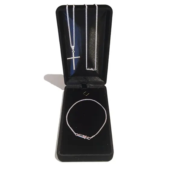 Correntinha Masculina + Pulseira + Pingente Cruz Banhado A Prata 925