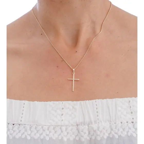 Colar Correntinha Feminina 45cm Banhada A Ouro 18k + Pingente Cruz Palito