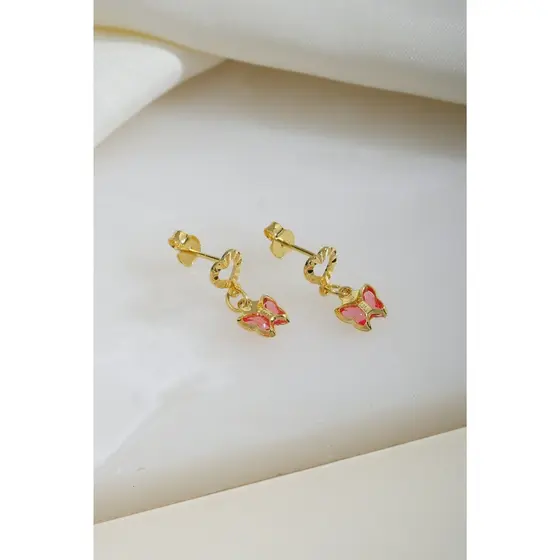 Brinco Infantil Borboleta Com Pedra Rosa Banhada A Ouro 18k Hipoalérgico