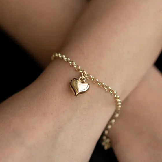 Pulseira Feminina Elo Português + Berloque Coração Folheado A Ouro