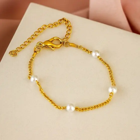 Pulseira Infantil De Perola Ajustável Banhado A Ouro 18k
