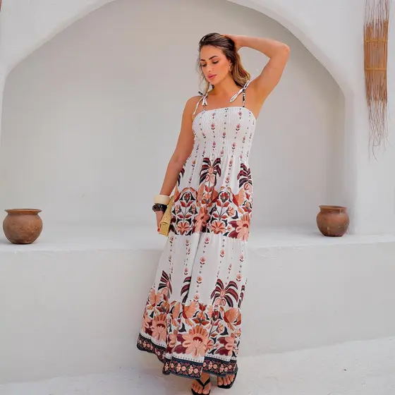 Vestido Longo Feminino Estampado Floral Verão Alça Fina Elegante Casual com Estampa Floral e Poá Exclusiva e Delicada
