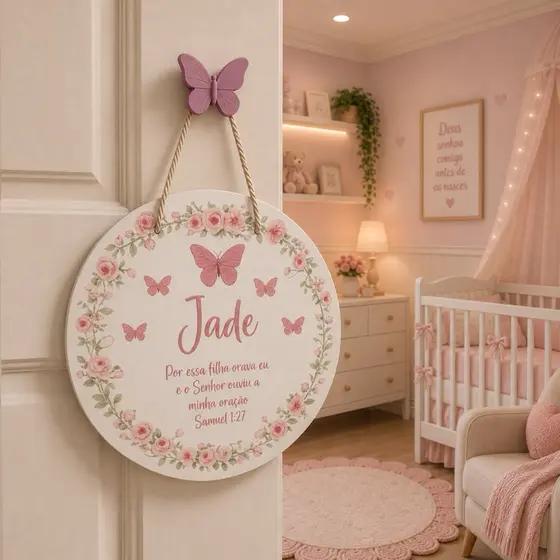 Porta Maternidade Placa decorativa para porta tema flores e borboletas com versículo.