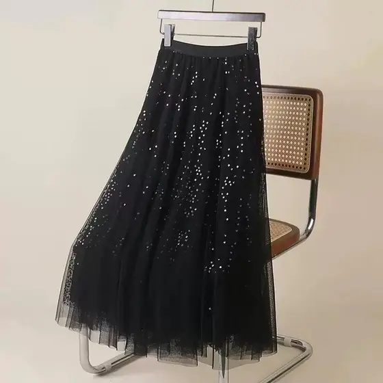 SAIA longo de tule plus size feminino, com lantejoulas, forro, elástico, elegante e estiloso.