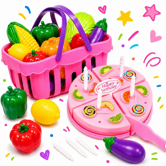Kit Cestinha Comidinhas De Brinquedo Para Menina Menino Cozinha Infantil Faz De conta Bolo Aniversário Crec Crec