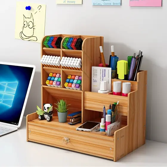 Organizador De Mesa Porta Canetas Lápis Cerejeira Com Gaveta