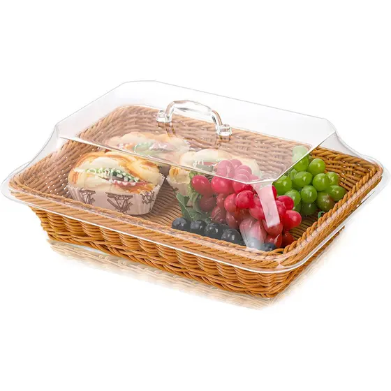 Cesta de pão de vime de imitação tecida à mão com tampa, cesta de armazenamento de escorredor frutas
