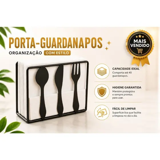 Porta Guardanapo Decorativo Em Metal Preto - Talheres, Praticidade, Organização e Moderno