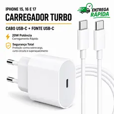 Carregador iPhone USB-C Tipo C Turbo 20W PD iPhone 15 15 Pro 15 Plus 15 Pro Max 16 17