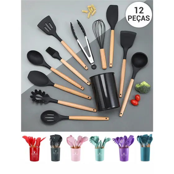 Kit com 12 Peças Utensílios de Cozinha Silicone e Cabo de Madeira Bambu Jogo Espátula Colher Concha