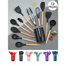 Kit com 12 Peças Utensílios de Cozinha Silicone e Cabo de Madeira Bambu Jogo Espátula Colher Concha