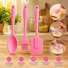 Kit 3 Peças Colher E Pincel Espátula De Silicone Culinário