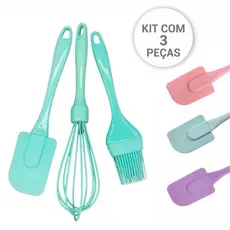 Kit Confeiteiro Silicone 3 Peças Batedor Espátula Pincel Culinário Jogo Utensílios Cozinha Bolo Pão