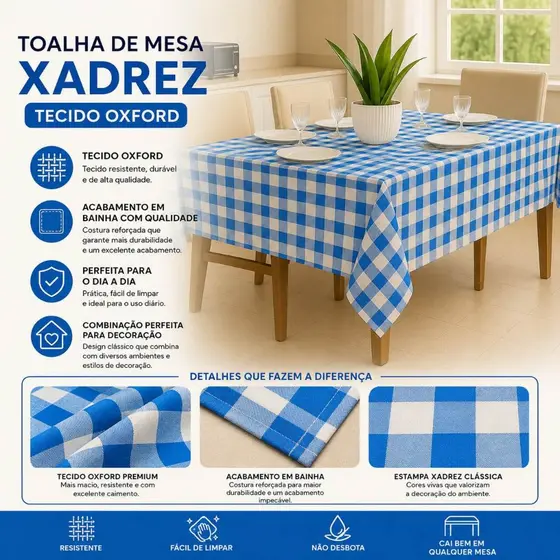Toalha Mesa Xadrez em Oxford 1,40x1,40 p/ Lugares 4 - Decoração, Cozinha, Festa Junina, Restaurantes