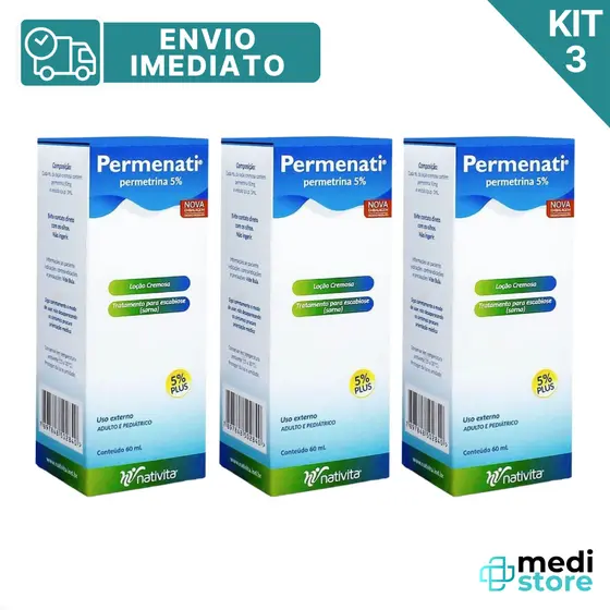 Kit 3 Permenati 5% 60 mL Loção para Sarna Escabiose Nativida - Envio Imediato