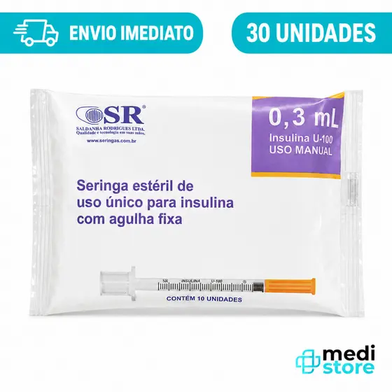 Kit 30 Seringa Insulina Estéril 0,3ml 6x0,25mm Agulha Fixa - Envio Imediao