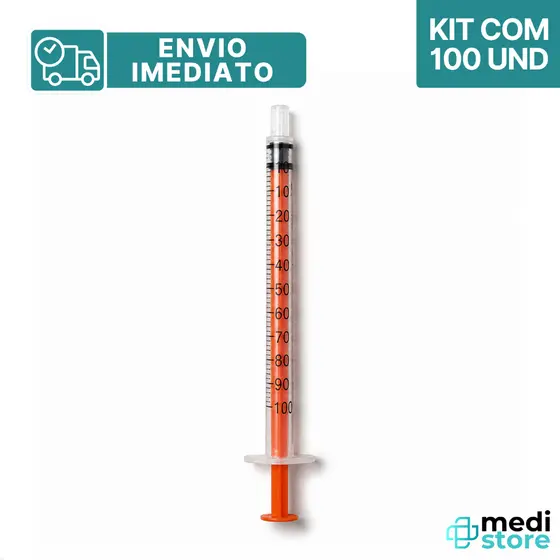 Kit com 100 - Seringa para Insulina Luer Slip SEM AGULHA com 1mL da SR - Envio Imediato