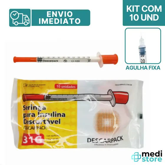 Kit com 10 - Seringa de Insulina Botox 1mL Agulha Fixa 6 X 25mm 31g Descarpack - Envio Imediato
