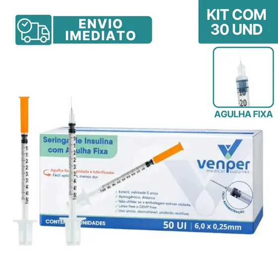 Kit com 30 - Seringa de Insulina Botox 0,5ml 6x0,25 50UI com Agulha Fixa - Envio Imediato