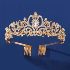 Coroa de Noiva Elegante em Liga Metálica com Detalhes em Strass DOURADO COM PENTES