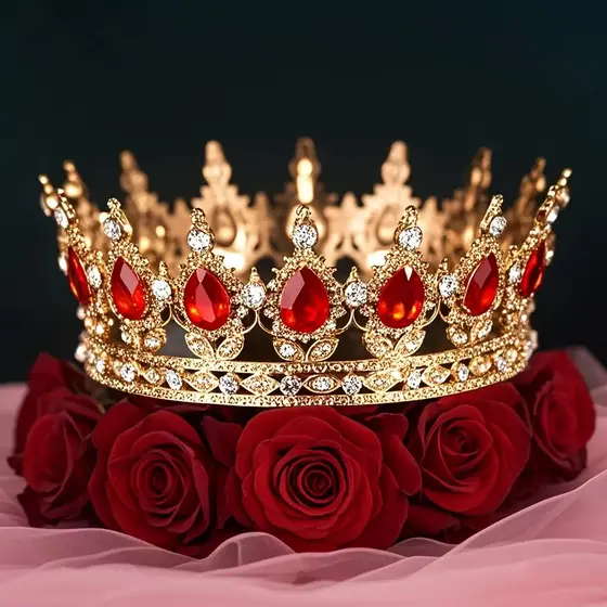 1 PÇ COROA REDONDA DOURADA COM PEDRAS VERMELHAS LUXUOSAS liga metálica com Strass Brilhantes para Festas de Aniversário