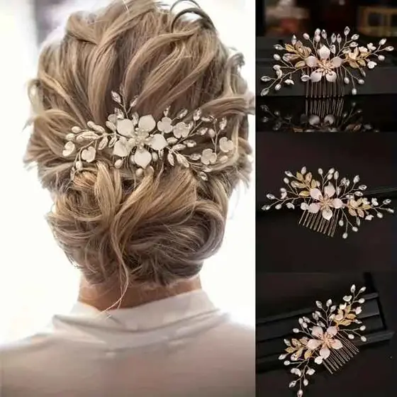 Pente De Cabelo De Noiva Dourado Com Pérolas Falsas, Pente Lateral De Noiva Com Flor De Strass