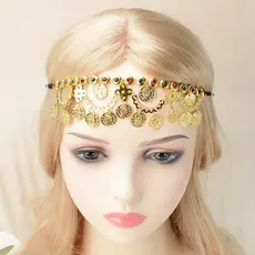 Tiara de disco de metal dourado no estilo luxuoso do Oriente Médio, acessório étnico para a testa com faixa elástica