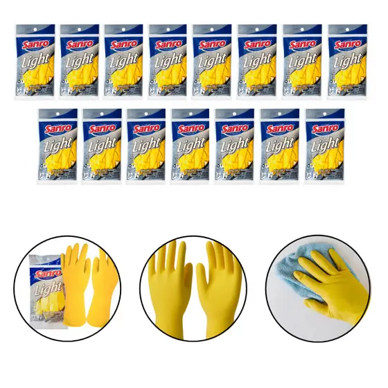 Par de Luvas Light Látex Tamanho M Sanro Amarela Para Faxina Antiderrapante 15 Unidades