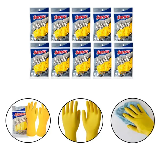 Par de Luvas Light Látex Tamanho Sanro Amarela Para Faxina Antiderrapante 10 Unidades
