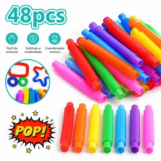 Kit 24/48 Pcs Pop Tube Fidget Toy Sensorial Tubo Colorido Estica e Volta Anti Estresse