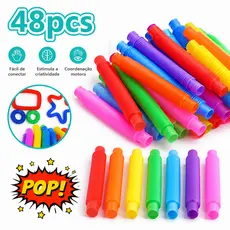Kit 24/48 Pcs Pop Tube Fidget Toy Sensorial Tubo Colorido Estica e Volta Anti Estresse